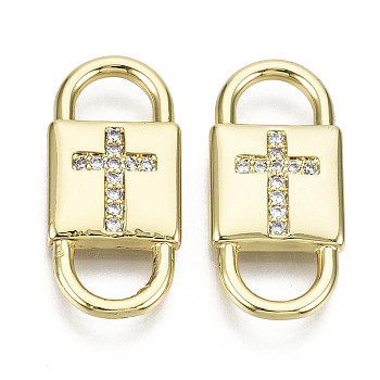 Brass Micro Pave Clear Cubic Zirconia Links Connectors, Nickel Free, Lock with Cross, Real 16K Gold Plated, 22x10x2mm, Hole: 6x4mm