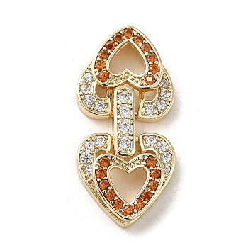 Brass Micro Pave Cubic Zirconia Fold Over Clasps, Heart, Real 18K Gold Plated, Chocolate, 29x14x4.5mm