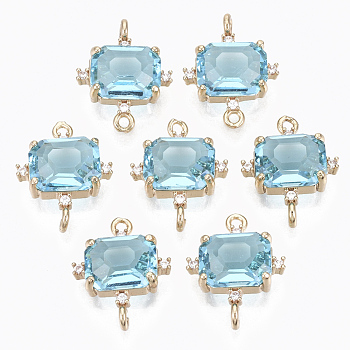 Glass Links connectors, with Brass Micro Pave Cubic Zirconia, Faceted, Cuboid, Light Gold, Cyan, 17.5x14x5.5mm, Hole: 1.2mm
