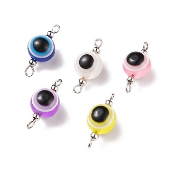 Evil Eye Resin Connector Charms, with 304 Stainless Steel Smooth Round Spacer Beads, Stainless Steel Color, Round, Mixed Color, 21x10mm, Hole: 1.5~1.8mm