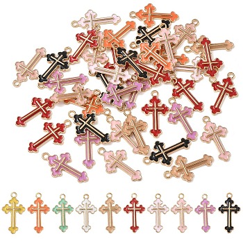 50Pcs Alloy Enamel Pendants, Cross, Light Gold, Mixed Color, 25x14x2mm, Hole: 1.8mm