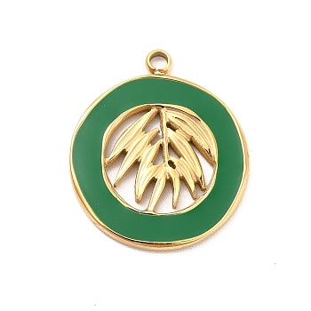 304 Stainless Steel Enamel Pendants, Golden, Flat Round with Leaf Charm, Green, 18x16x1mm, Hole: 1.6mm
