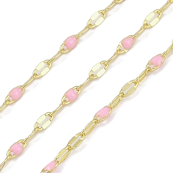 Rack Plating Brass Dapped Chains, with Enamel, with Spool, Soldered Lead Free & Cadmium Free, Real 18K Gold Plated, Pearl Pink, 4x2x1mm