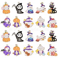 40Pcs 10 Styles Halloween Theme Alloy Enamel Pendants, Light Gold, Ghost/Witch/Mummy/Cat Charm, Mixed Color, 24~25x16.5~23x1~2mm, Hole: 1.8mm, 4pcs/style(ENAM-CJ0004-77)