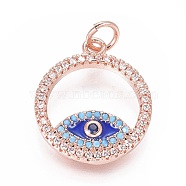 Brass Micro Pave Cubic Zirconia Pendants, with Enamel and Jump Ring, Ring with Evil Eye, Colorful, Rose Gold, 18.5x16x2mm, Hole: 3mm(ZIRC-L083-019RG)