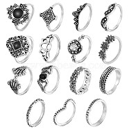 15Pcs 15 Style Crystal Rhinestone Rhombus & Lotus & Crown Finger Rings Set, Alloy Stackable Rings for Women, Antique Silver, Inner Diameter: 15.5~17.5mm, 1Pc/style(JR940A)