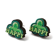 Saint Patrick's Day Green Wood Stud Earrings, with 316 Stainless Steel Pins, Word, 13.5x16.5mm(EJEW-D074-01A)
