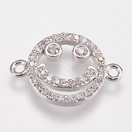 Brass Micro Pave Cubic Zirconia Links, Smiling Face, Clear, Platinum, 11.5x17x2mm, Hole: 1mm(KK-I614-011P)
