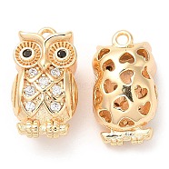 Brass with Cubic Zirconia Pendants, Owl, Real 18K Gold Plated, 15x8.5x7.5mm, Hole: 1.2&1.8mm(KK-K333-58G)