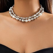 CCB Beaded Necklaces, with Plastic pearl, Jewely for Women, Round, Platinum, 14.96~15.31 inch(38~38.9cm), 2pcs/set(NJEW-K361-05P)