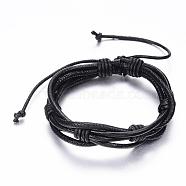 Adjustable Braided Cowhide Leather and Waxed Cord Multi-Strand Bracelets, Black, 2-1/8 inch~3-1/8 inch(55~80mm)(BJEW-G575-15C)