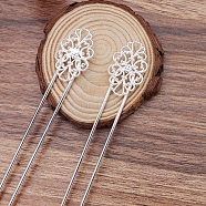 Brass Hair Fork Findings, with Flower Filigree Findings, Silver, 115x12x2mm, Filigree Findings: 20x31.5mm(OHAR-PW0001-077S)