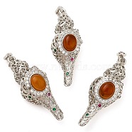 Natural Carnelian(Dyed & Heated) Pendants, Rack Plating Brass Colorful Rhinestone Shell Shape Charms, Lead Free & Cadmium Free, Platinum, 49x20x19mm, Hole: 7x3mm(G-F776-01P-09)