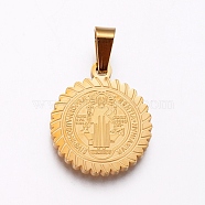 304 Stainless Steel Pendants, Flat Round with Saint Benedict, Golden, 21x18x2mm, Hole: 6.5x4mm(STAS-I121-18B)