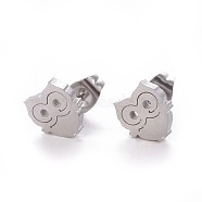 304 Stainless Steel Stud Earrings, Hypoallergenic Earrings, with Ear Nuts/Earring Back, Owl, Stainless Steel Color, 8.5x7.8mm, Pin: 0.8mm, 12pairs/card(EJEW-F227-17P)