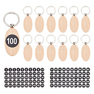 AHADERMAKER 20Pcs Oval Beech Wood Keychain, with Platinum Plated Iron Split Key Rings, 2 Sheets Polka Dot Paper Number Labels Stickers, Camel, 9x3.1cm(DIY-GA0004-78)