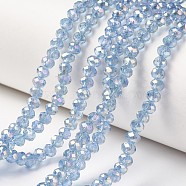 Electroplate Transparent Glass Beads Strands, Full Rainbow Plated, Faceted, Rondelle, Light Sky Blue, 6x5mm, Hole: 1mm, about 85~88pcs/strand, 16.1~16.5 inch(41~42cm)(EGLA-A034-T6mm-T07)