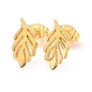 Ion Plating(IP) 304 Stainless Steel Stud Earrings, Leaf, Golden, 14x7mm, Pin: 0.8mm(EJEW-C001-12G)