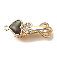 Brass Black Lip Shell Fold Over Clasps, with Micro Pave Cubic Zirconia, Heart, Real 18K Gold Plated, 29mm(KK-K389-138G)