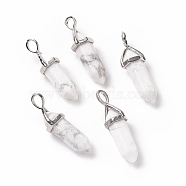 Natural Howlite Pendants, Faceted, with Platinum Tone Brass Findings, Lead free & Cadmium Free, Bullet, 27~30x9~10x7~8mm, Hole: 4x3mm(G-K329-55P)