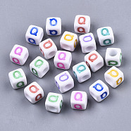 Opaque White Acrylic Beads, with Enamel, Horizontal Hole, Cube with Mixed Color Letter, Letter.Q, 6x6x6mm, Hole: 3mm, about 2900pcs/500g(SACR-R252-02Q)