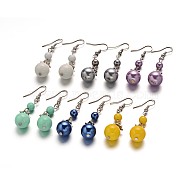 Attractive Round Glass Pearl Dangle Earrings, with Alloy Findings and Iron Earring Hooks, Mixed Color, 49x12mm, Pin: 0.6mm(EJEW-F0086-M)