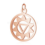 304 Stainless Steel Pendants, Chakra, Manipura, Flat Round with Flower, Rose Gold, 22.5x19x1mm, Hole: 3mm(STAS-S105-T527R)