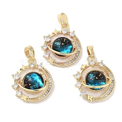 Rack Plating Brass Pave Clear Cubic Zirconia Pendants, Planet Charms with Epoxy Resin, Real 18K Gold Plated, Long-Lasting Plated, Cadmium Free & Lead Free, Cyan, 19x16.5x5mm, Hole: 3x5mm(KK-G482-05G)