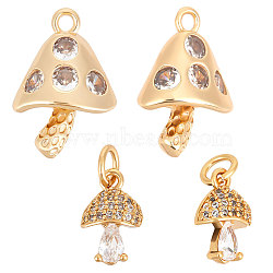 10Pcs 2 Styles Brass Clear Cubic Zirconia Pendants, Mushroom Charm, Real 18K Gold Plated, 11~18x7.5~12x4~8.5mm, Hole: 1.6~3mm, 5pcs/style(KK-BBC0005-43)