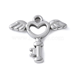 304 Stainless Steel Pendants, Heart Key with Wing Charm, Anti-Tarnish, Stainless Steel Color, 15.5x18x2.5mm, Hole: 1.5mm(STAS-E548-09P)