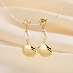 S925 Sterling Silver Shell Shape Dangle Stud Earrings, with Natural Freshwater Pearl & S925 Stamp, Real 14K Gold Plated, 31x13mm(EJEW-M096-01G)