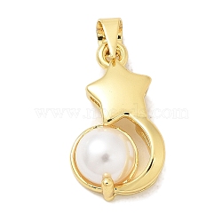 Rack Plating Brass Pendants, with ABS Imitation Pearl, Long-Lasting Plated, Lead Free & Cadmium Free, Real 18K Gold Plated, Star, 19.5x10.5x5mm, Hole: 4.5x3mm(KK-K293-24L-G)