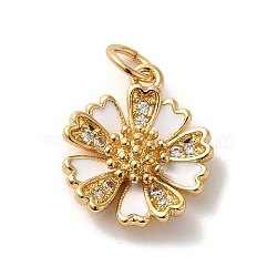 Brass Micro Pave Cubic Zirconia Pendants, with Enamel, Jump Rings, Flower, Golden, 14x12.5x3.5mm, Hole: 3.6mm(KK-K358-01B-G)