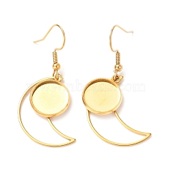 201 Stainless Steel Earring Hooks, with Flat Round Cabochon Settings, Moon, Golden, Tray: 12mm, 44mm, 22 Gauge, Pin: 0.6mm(STAS-C030-24G)