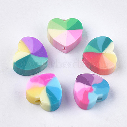 Handmade Polymer Clay Beads, Heart, Mixed Color, 9~10x10~11x4~5mm, Hole: 1.2~2mm(CLAY-T017-06)