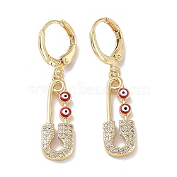 Real 18K Gold Plated Brass Dangle Leverback Earrings, with Enamel and Cubic Zirconia, Safety Pin with Evil Eye, Red, 36.5x8mm(EJEW-L269-016G-05)