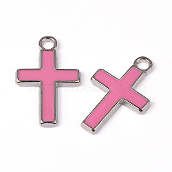 Alloy Enamel Pendants, Lead Free and Cadmium Free, Cross, Platinum Color, Pearl Pink, 26x16x2mm, Hole: 3mm(ENAM-P077-4)