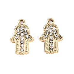 UV Plating Alloy Rhinestone Pendants, Hamsa Hand/Hand of Miriam Charms, Light Gold, 17.5x11.5x1.5mm, Hole: 1.5mm(ALRI-N058-02KCG)