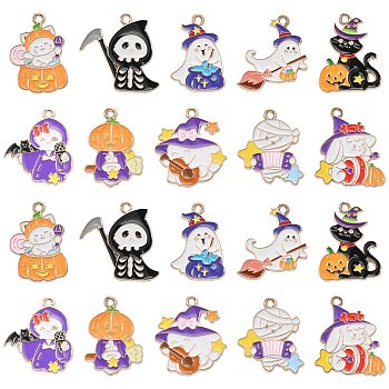 40Pcs 10 Styles Halloween Theme Alloy Enamel Pendants, Light Gold, Ghost/Witch/Mummy/Cat Charm, Mixed Color, 24~25x16.5~23x1~2mm, Hole: 1.8mm, 4pcs/style