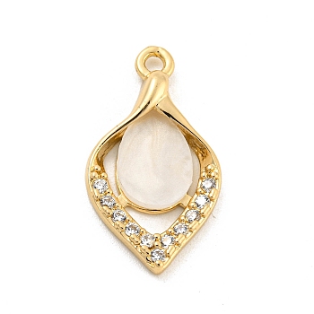 Brass Micro Pave Clear Cubic Zirconia Pendants, with Acrylic, Leaf, 21x11.5x3.4mm, Hole: 1.5mm