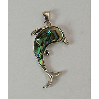 Abalone Shell/Paua Shell Pendants, Single Side, with Brass Findings, Dolphin, Platinum, Colorful, Size: about 22mm wide, 38.5mm long, 5mm thick, hole: 3x4mm