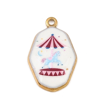 Printed 304 Stainless Steel Pendants, Polygon with Carousel Horse Charms, Colorful, Golden, 25x15.5x2.5mm, Hole: 1.7mm