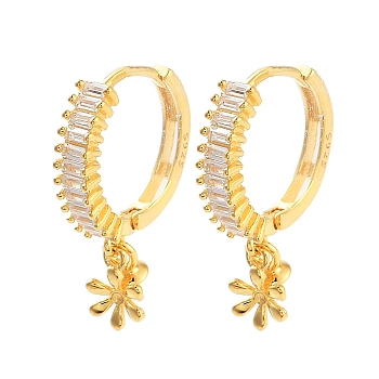 925 Sterling Silver Cubic Zirconia Hoop Earring Findings, with Flower Charms and Pinch Bails, for Half Drilled Beads, with S925 Stamp, Real 18K Gold Plated, 22 Gauge, 13.5x13mm, Pin: 0.6mm