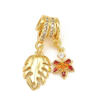 Brass Micro Pave Clear Cubic Zirconia Pendants, with Enamel, Maple Leaf with Monstera Charms, Rack Plating, Long-Lasting Plated, Cadmium Free & Lead Free, Orange Red, Real 18K Gold Plated, 28mm, Hole: 3mm