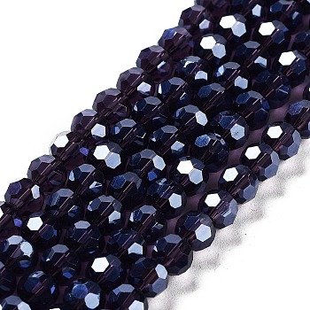 Electroplate Transparent Glass Beads Strands, Faceted, Round, Pearl Luster Plated, Indigo, 6mm, Hole: 1mm, about 98~100pcs/strand, 20.39~20.59 inch(51.8~52.3cm)