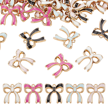 50Pcs 5 Colors Rack Plating Alloy Enamel Pendants, Bowknot Charm, Golden, Mixed Color, 19.5x17.5x3mm, Hole: 1.5mm, 10pcs/color