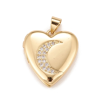 Brass Micro Pave Cubic Zirconia Locket Pendants, Photo Frame Charms for Necklaces, Real 18K Gold Plated, Lead Free & Cadmium Free, Heart with Moon, Clear, 20.5x19x5mm, Hole: 4x3mm, Inner Diameter: 12x13.5mm