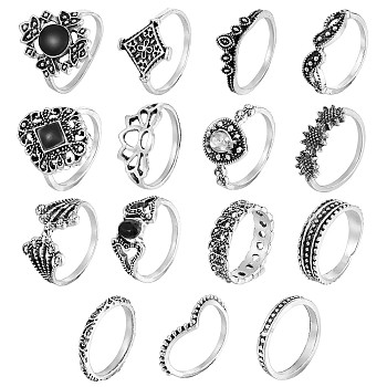 15Pcs 15 Style Crystal Rhinestone Rhombus & Lotus & Crown Finger Rings Set, Alloy Stackable Rings for Women, Antique Silver, Inner Diameter: 15.5~17.5mm, 1Pc/style