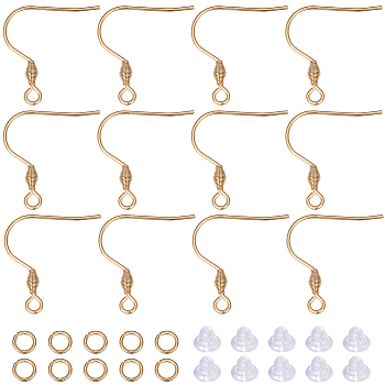 50Pcs 304 Stainless Steel Earring Hooks, Ear Wire, French Hooks with Coil, with 50Pcs Open Jump Rings & 50Pcs Plastic Ear Nuts, Real 18K Gold Plated, 21mm, Hole: 2mm, Pin: 0.8mm
