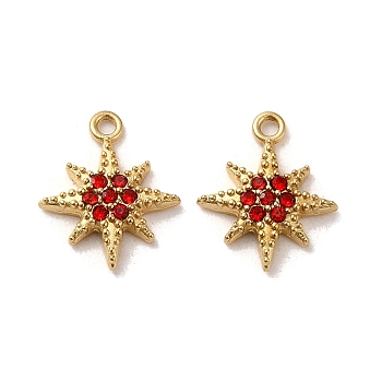 304 Stainless Steel Rhinestone Charms, Real 14K Gold Plated, Star Charm, Light Siam, 11.5x9.5x2mm, Hole: 1mm